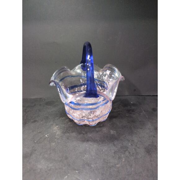 Hand Blown Art Glass Basket w/ Cobalt Blue Spiral White Opalescent Splatter Wavy - Picture 5 of 10